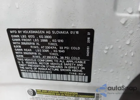 2016 Volkswagen Touareg Vr6 Executive/Vr6 Lux/Vr6 Sport из США, поврежденный, VIN WVGEF9BP4GD011312